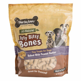 Three Dog Bakery Itty Bitty Bones Baked Dog Treats, Peanut Butter, 32 oz