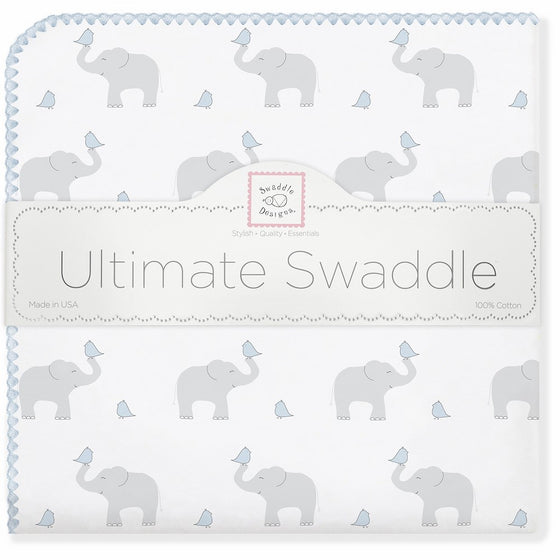 SwaddleDesigns Ultimate Swaddle Blanket, Made in USA Premium Cotton Flannel, Elephant and Pastel Blue Chickies