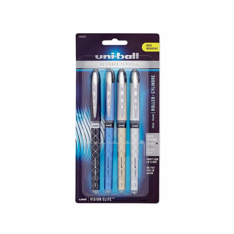 Uni-Ball 1858842 uni-ball Vision Elite Designer Series Rollerball Pens, Bold Point (0.8mm), Black, 4 Count