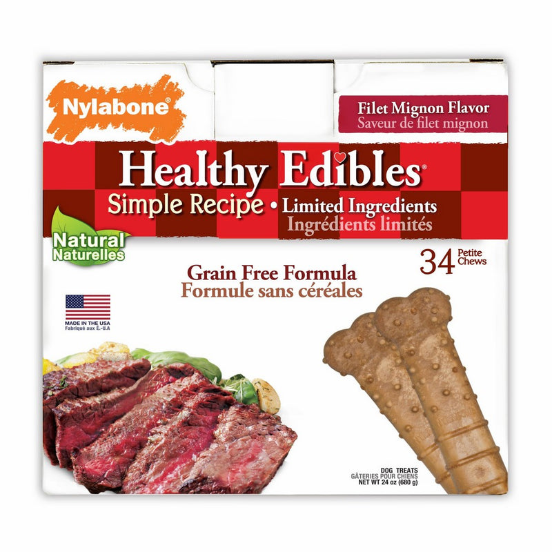 Nylabone Healthy Edibles Natural Grain Free Dog Treats, Filet Mignon, X-Small, 34 Count