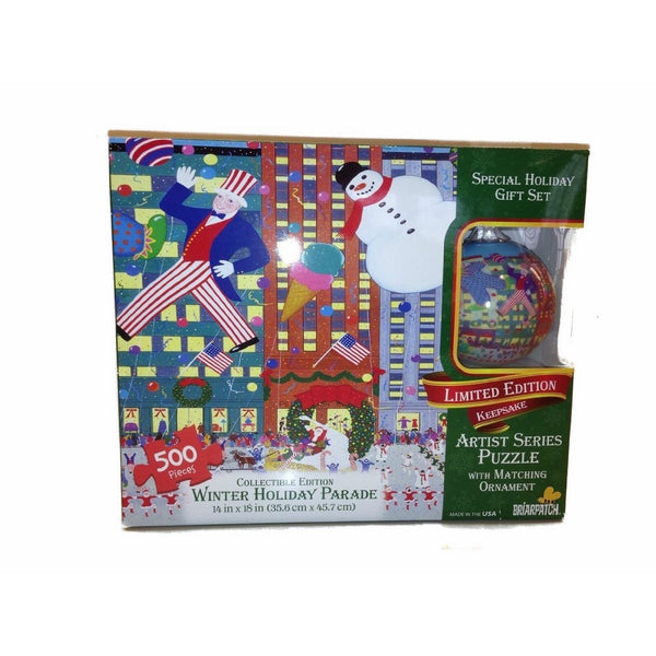 Winter Holiday Parade 500 Piece Limited Edition Keepsake Artist Series Puzzle with Matching Christmas Ornament Gift Set