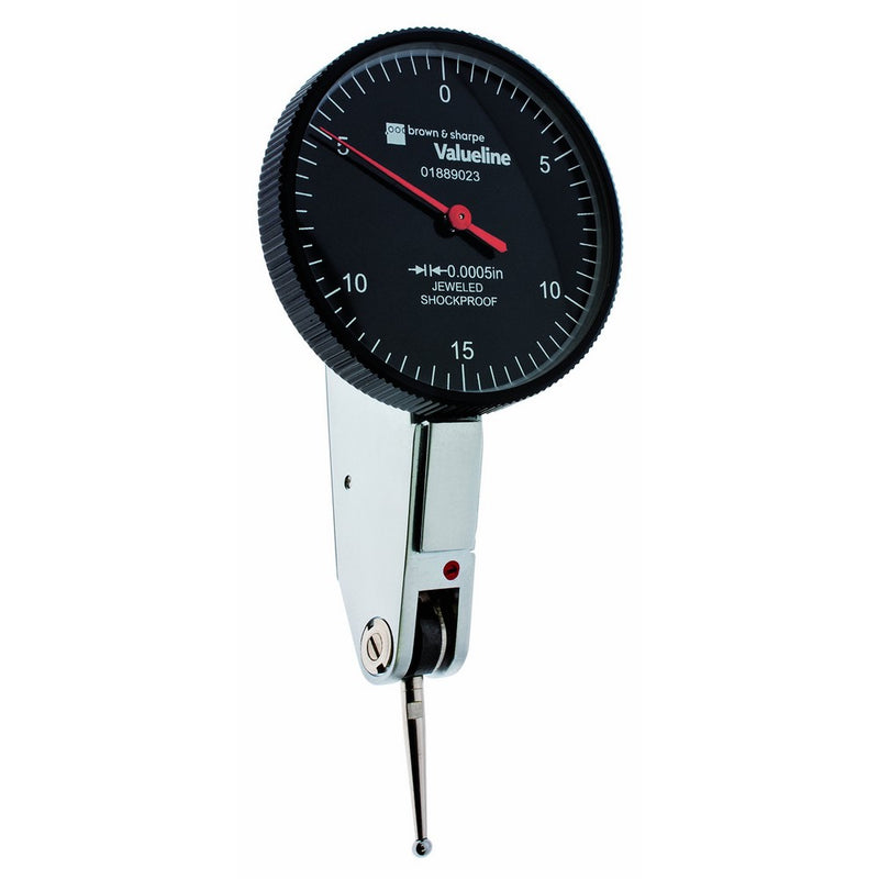 Brown & Sharpe 01889023 Valueline Dial Test, Lever Type Indicator, 1.5" Dial Diameter, 0.0005" Dial Division, 0.030" Range, 0-15-0 Marking, Black Face