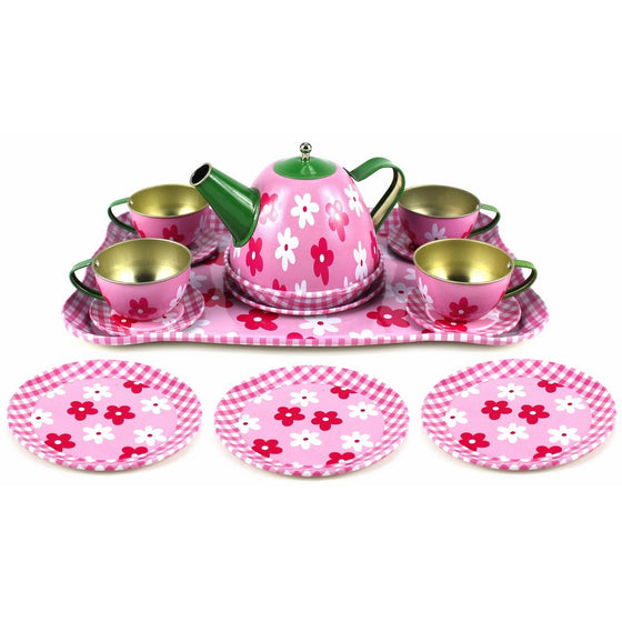 Flower Springtime Children's Kid's Full Metal Durable Pretend Play Toy Tea Set w/ Cups, Tea Pot, Plates, Tray (Styles May Vary)