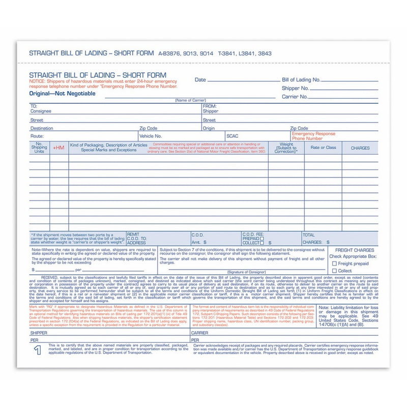 Adams Bill of Lading Short Form, 8.5 X 7.5 Inches, 3-part, 50-forms, White (9013)