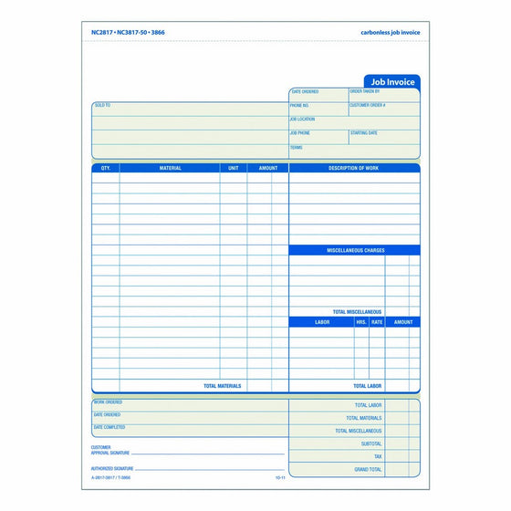 TOPS Job Invoice with Materials List, 3-Part, Carbonless, 8.5 x 11 Inches, 50 Sets per Pack (3866)