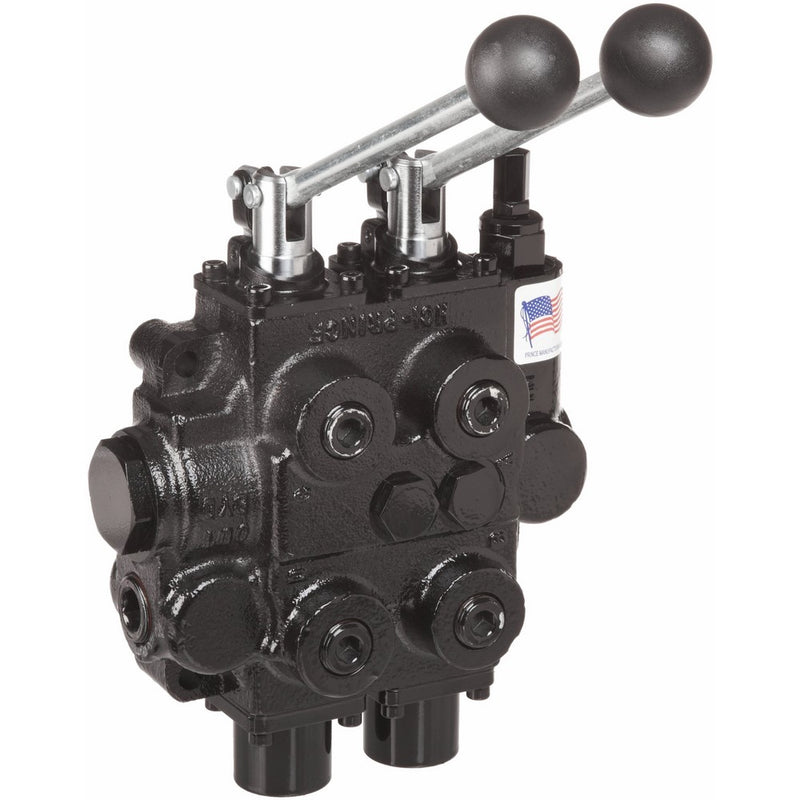 Prince RD522CCAA5A4B1 Directional Control Valve, Two Spool, 4 Ways, 3 Positions, Tandem Center, Cast Iron, 3000 psi, Lever Handle, 25 gpm, In/Out: 3/4" NPTF, Work 1/2" NPTF