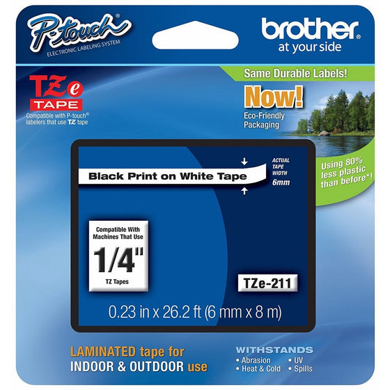 Brother Mobile TZE211 P-Touch Standard Laminated Tape, 1/4" W x 26.2' L, Black on White