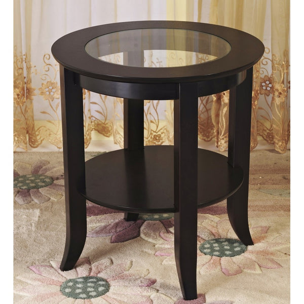 Frenchi Furniture-Wood Genoa End Table, Round Side /Accent Table , Inset Glass Espresso