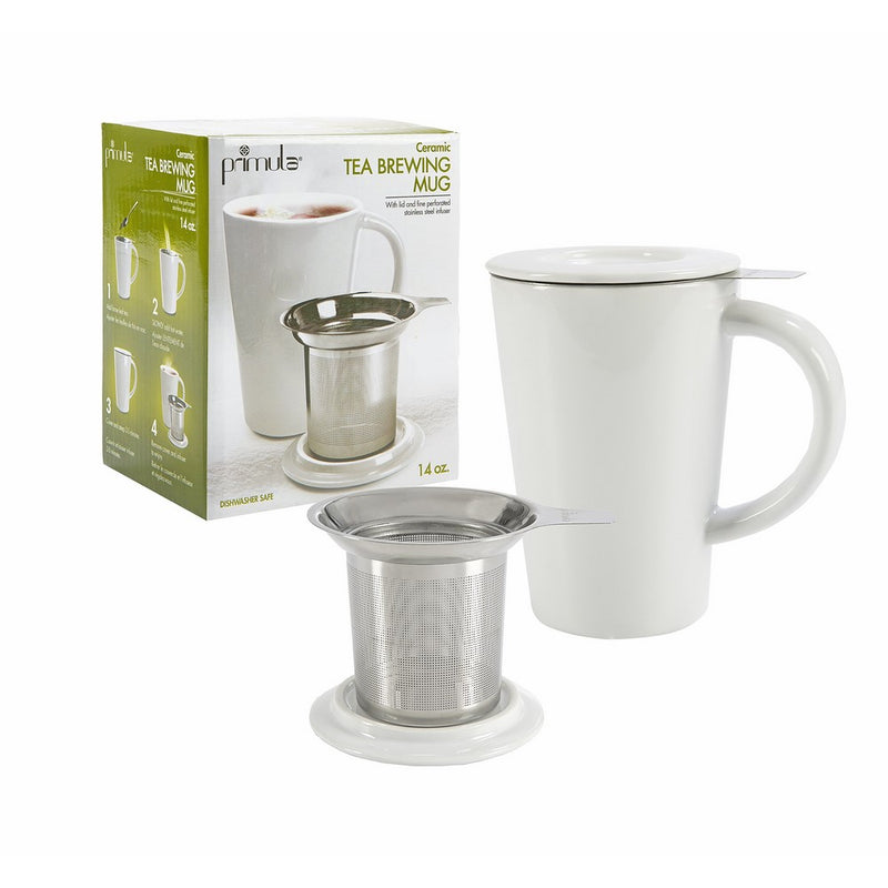 Primula Abbey Ceramic Tea Brewing Mug - Glazed Interior - Does Not Retain Flavor - Stainless Steel Infuser - 14 Ounces - White