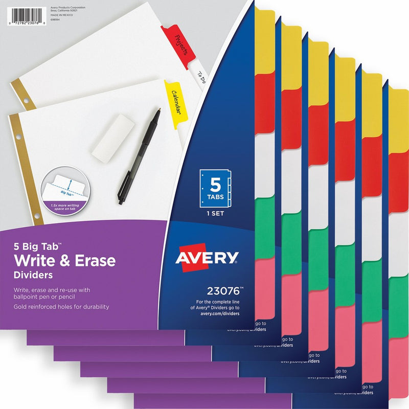 Avery Big Tab Write & Erase Dividers, 5-Tab Set, Multicolor, Multi Pack of 6 Sets (23076)