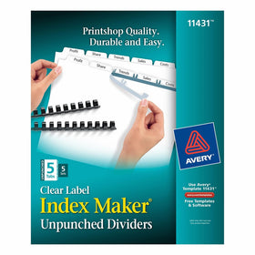 Avery Index Maker Unpunched Clear Label Dividers for Bound Documents, 5-Tab, White, 5 Sets (11431)