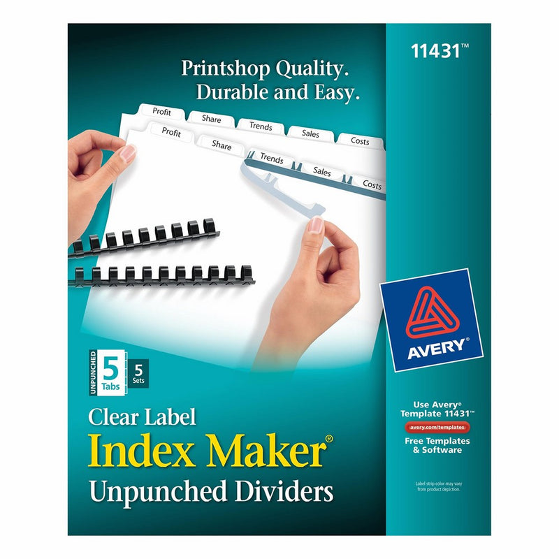 Avery Index Maker Unpunched Clear Label Dividers for Bound Documents, 5-Tab, White, 5 Sets (11431)