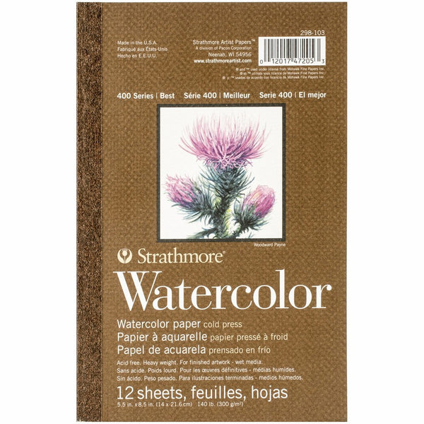 Strathmore 298-103 400 Series Watercolor Pad, 5.5"x8.5" Tape Bound, 12 Sheets