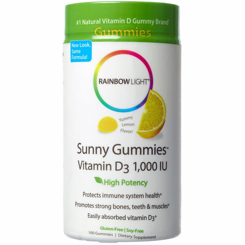 Rainbow Light - Sunny Gummies Vitamin D3 1000 IU, Support for Healthy Bones, Muscles, and Immunity in a Family-Friendly Chewable with Vitamin D3, Soy-Free, Gluten-Free, Sour Lemon, 100 Gummy Drops