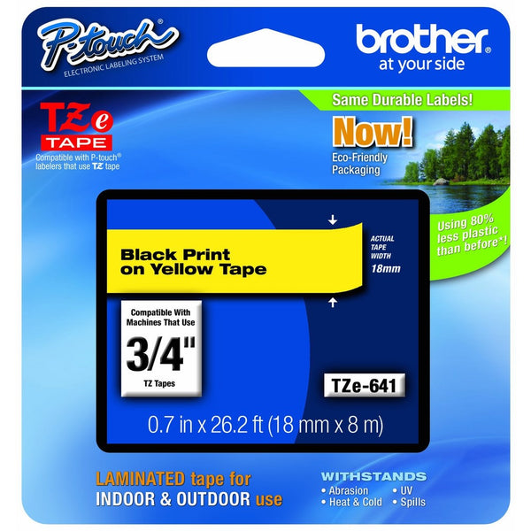 Brother P-touch Genuine TZe-6413/4" (0.7") Black on Yellow Standard Laminated Tape –26.2 ft(8m) (TZE641)