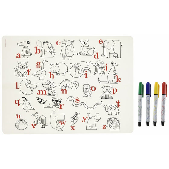 Modern-Twist Kids, 100% Pure Silicone Mark-Mat Coloring Placemat with 4 Dry-Erase Markers, Alphabet Animals