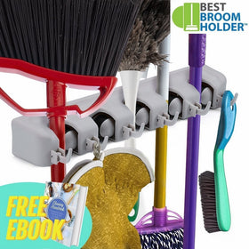 Wall Mounted Non Slide Mop Broom Holder and Rake Garden Tool Organizer with 6 Hooks and 5 Slots Up to 1.25" Handle - Quick Installation with Mounting Screws - E-Book Included