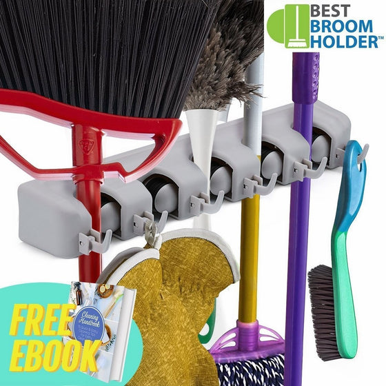 Wall Mounted Non Slide Mop Broom Holder and Rake Garden Tool Organizer with 6 Hooks and 5 Slots Up to 1.25" Handle - Quick Installation with Mounting Screws - E-Book Included