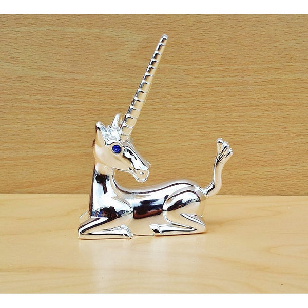 Unicorn Ring Minder Holder with Blue Eyes, Silver Tone Metal Non Tarnish