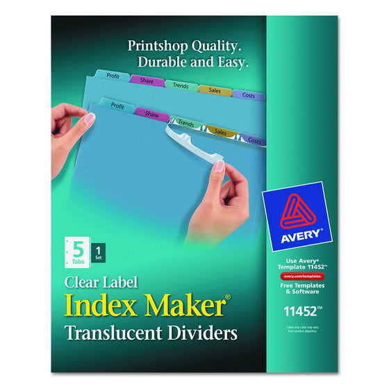 Avery Index Maker Translucent Dividers with Clear Labels, 5-Tab, Multi-Color, 1 Set(11452)
