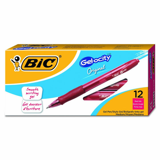 BIC Gel-ocity Original Retractable Gel Pen, Medium Point (0.7 mm), Red, 12-Count