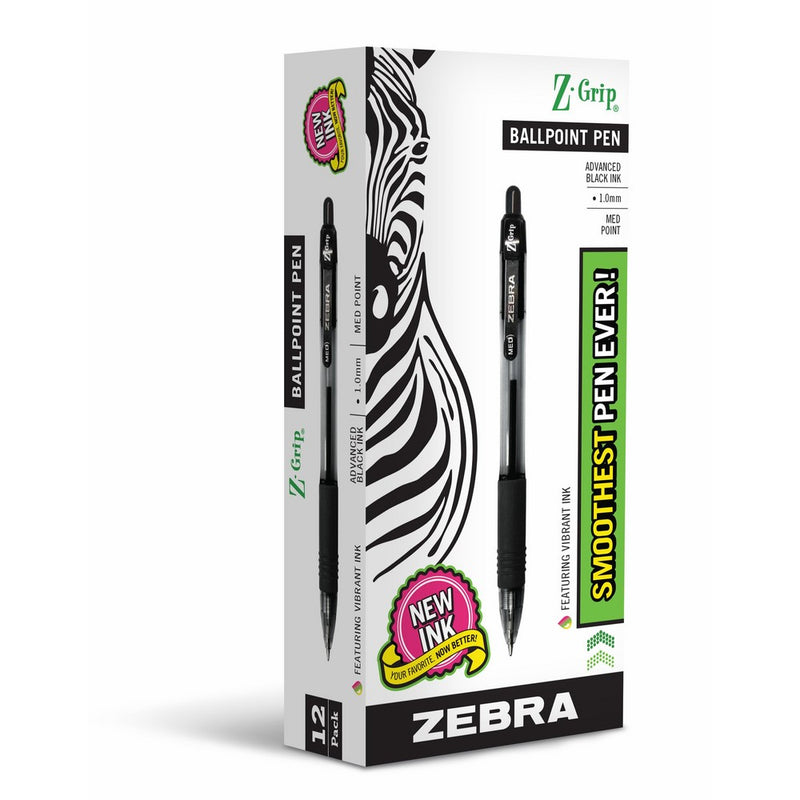 ZEBRA PEN 22210 Z-Grip Retractable Ballpoint Pen, Medium Point 1.0 mm, Black Ink, Clear Barrel, 12-Count