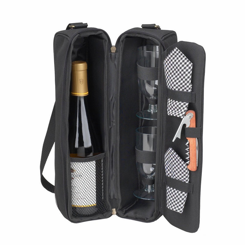 Picnic at Ascot - Deluxe Insulated Wine Tote with 2 Wine Glasses, Napkins and Corkscrew - Black