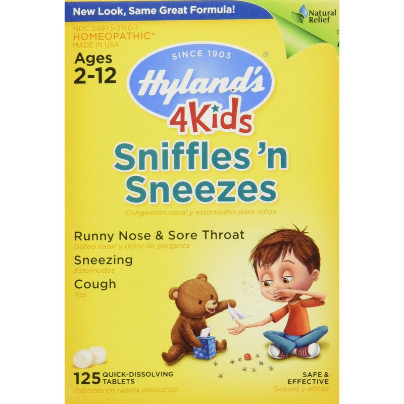 Hyland's 4 Kids Sniffles 'n Sneezes Tablets, Safe and Natural Relief of Runny Nose, Sore Throat, Sneezing and Cough Symptoms for Children, 125 Count