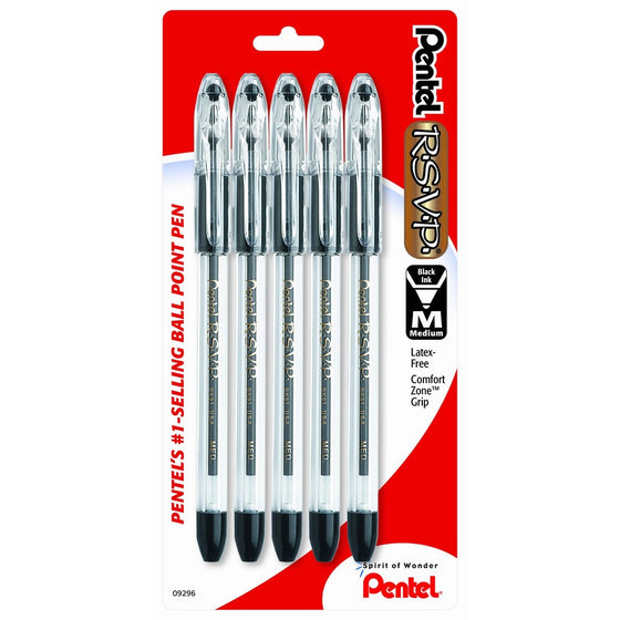 Pentel R.S.V.P. Ballpoint Pen, Medium Line, Black Ink, 5 Pack(BK91BP5A)