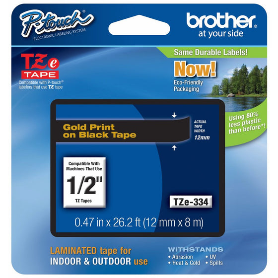 Brother P-touch 1/2" (0.47") Gold on Black Standard Laminated Tape - 26.2 ft. (8m)