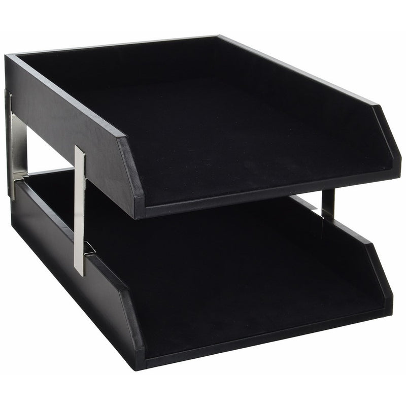 Dacasso Leather Double Legal Trays with Silver Posts, Classic Black (A1023)