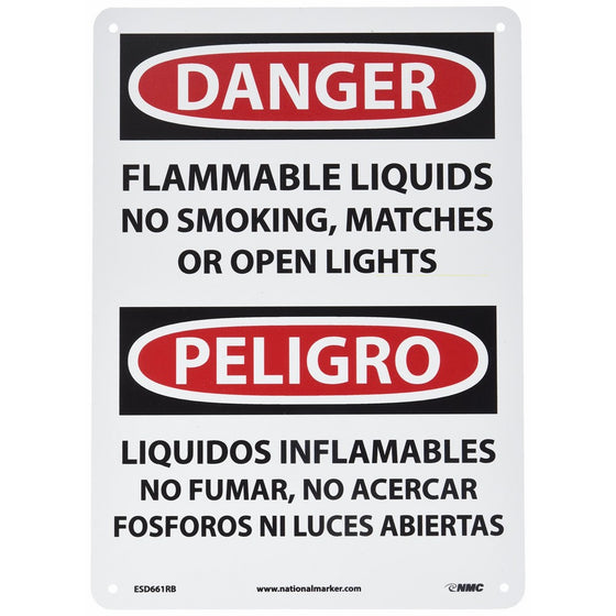 NMC ESD661RB Bilingual OSHA Sign, Legend "DANGER - FLAMMABLE LIQUIDS NO SMOKING, MATCHES OR OPEN LIGHTS", 10" Length x 14" Height, Rigid Plastic, Black/Red on White