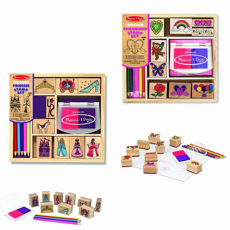 Melissa & Doug Wooden Stamps, Set of 2 - Princess and Friendship, With 18 Stamps, 10 Colored Pencils, and 2 Stamp Pads