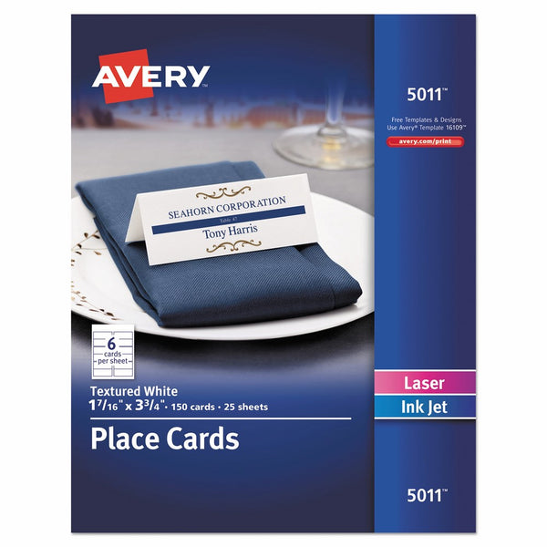 Avery 5011 Small Textured Tent Cards, White, 1 7/16 x 3 3/4, 6 Cards per Sheet (Box of 150 Cards)