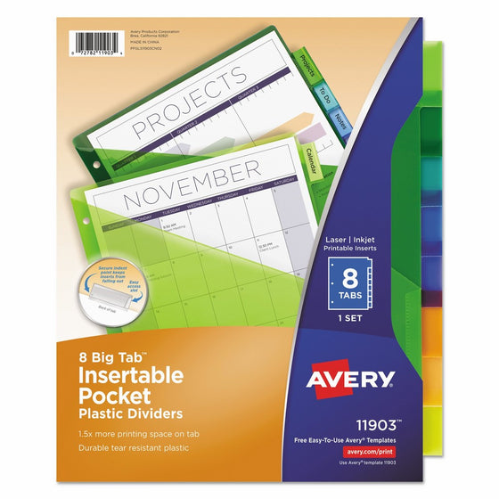 Avery 11903 Insertable Big Tab Plastic Dividers w/Single Pockets, 8-Tab, 11 1/8 x 9 1/4