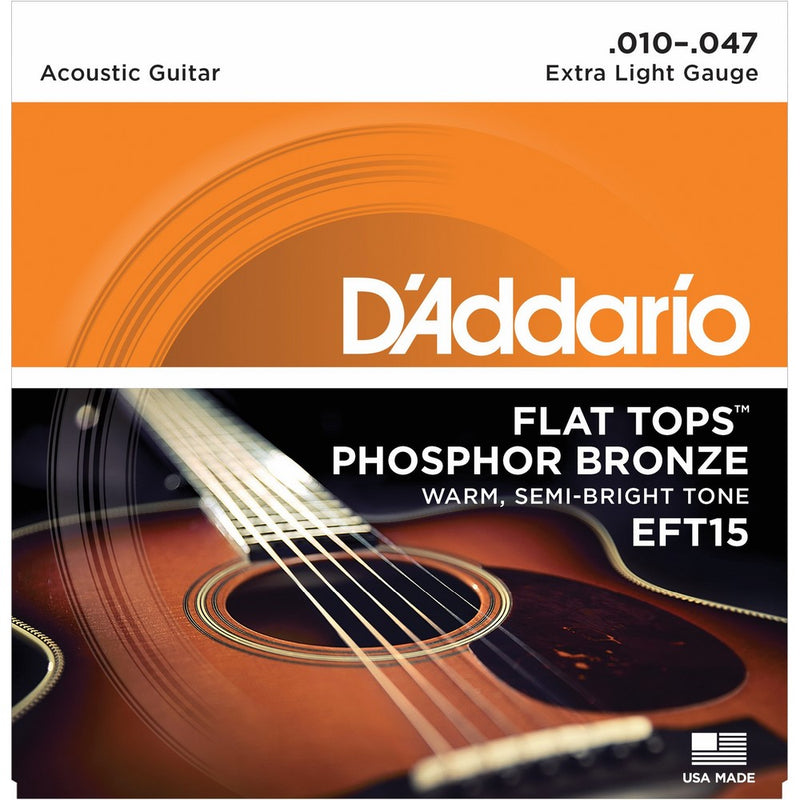 D'Addario EFT15 Flat Tops Phosphor Bronze Acoustic Guitar Strings, Extra Light, 10-47