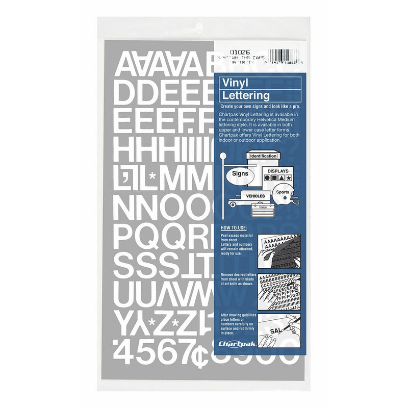 Chartpak Self-Adhesive Vinyl Capital Letters and Numbers, 3/4 Inches High, White, 94 per Pack (01026)