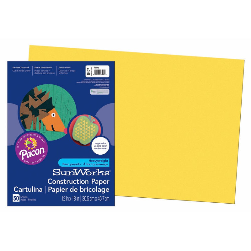 Pacon SunWorks Construction Paper, 12-Inches by 18-Inches, 50-Count, Yellow (8407)