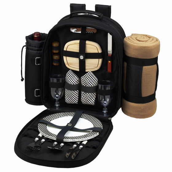 Picnic at Ascot - Deluxe Equipped 2 Person Picnic Backpack with Cooler, Insulated Wine Holder & Blanket - Black