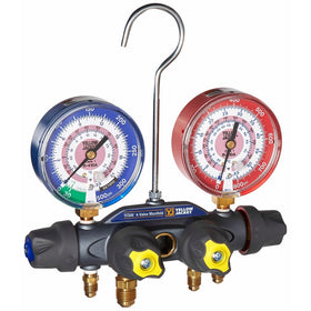 Yellow Jacket 49969 Manifold with 5/16"-3/8"-1/4"-5/16" Anchor Fittings degrees F, bar/psi Scale, R-410A Refrigerant, Red/Blue Gauges