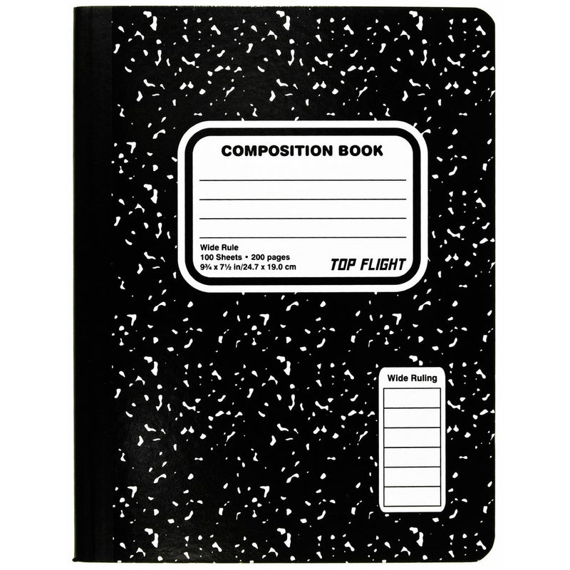 Top Flight Sewn Composition Book, Black and White Marble, Wide Rule, 100 Sheets (41353)