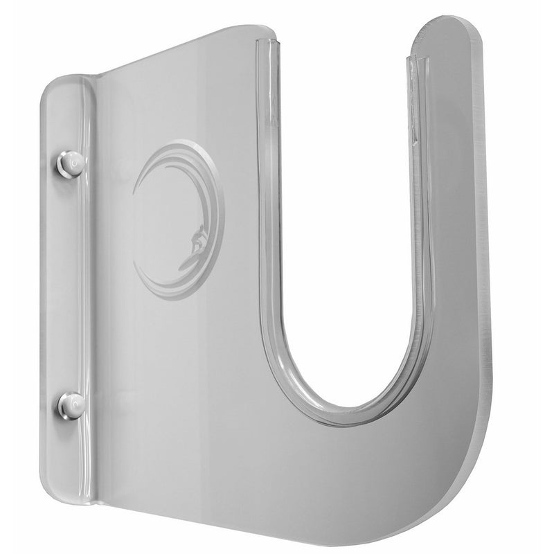 Clear Surfboard 10" Fin Wall Racks Thicker 3/8" Acrylic With Clear Anti-Ding Pads. For boards WITH 10" FIN(s). Strength Tested over 100lbs! Large 4" Gap Holds Even Big Longboards In Classic Trophy Style position, from OnTheWallRacks.com