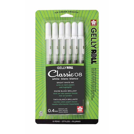 Sakura 57488 Gelly Roll Classic 08 (Medium Pt.), 6PK Pen, White