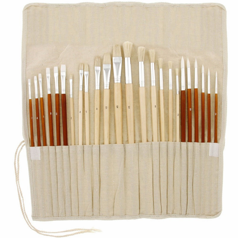 US Art Supply 24 piece Oil & Acrylic Paint Long Handle Artist Paint Brush Set with Canvas Roll-Up Storage Wrap