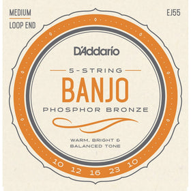 D'Addario EJ55 Phosphor Bronze 5-String Banjo Strings, Medium, 10-23
