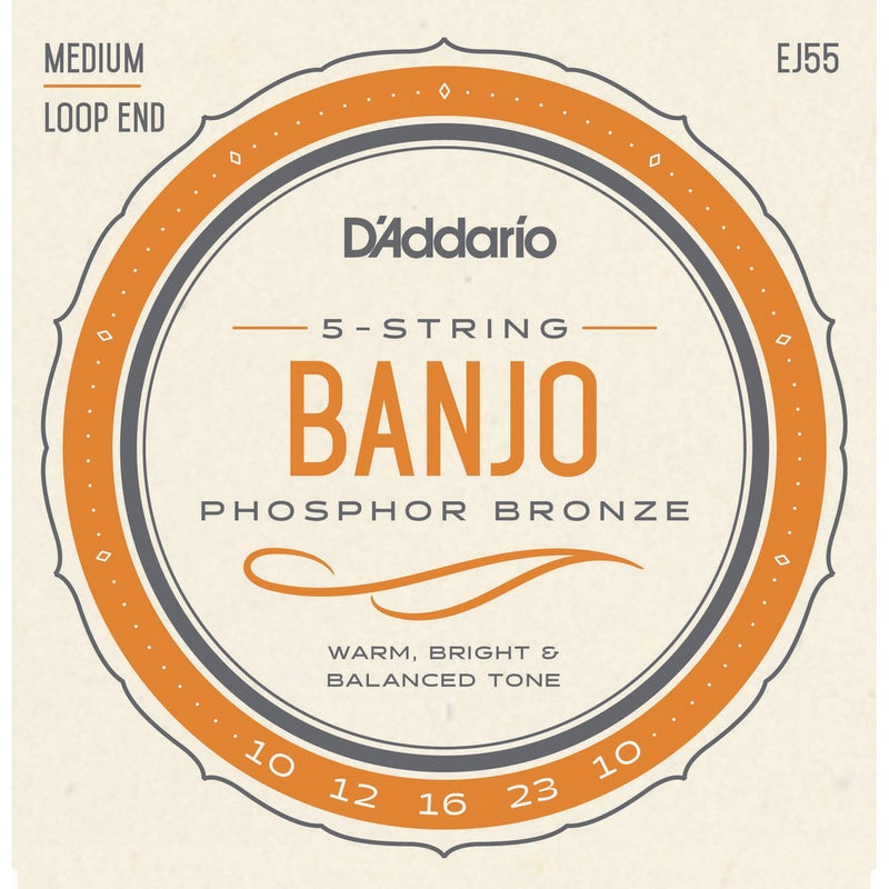 D'Addario EJ55 Phosphor Bronze 5-String Banjo Strings, Medium, 10-23