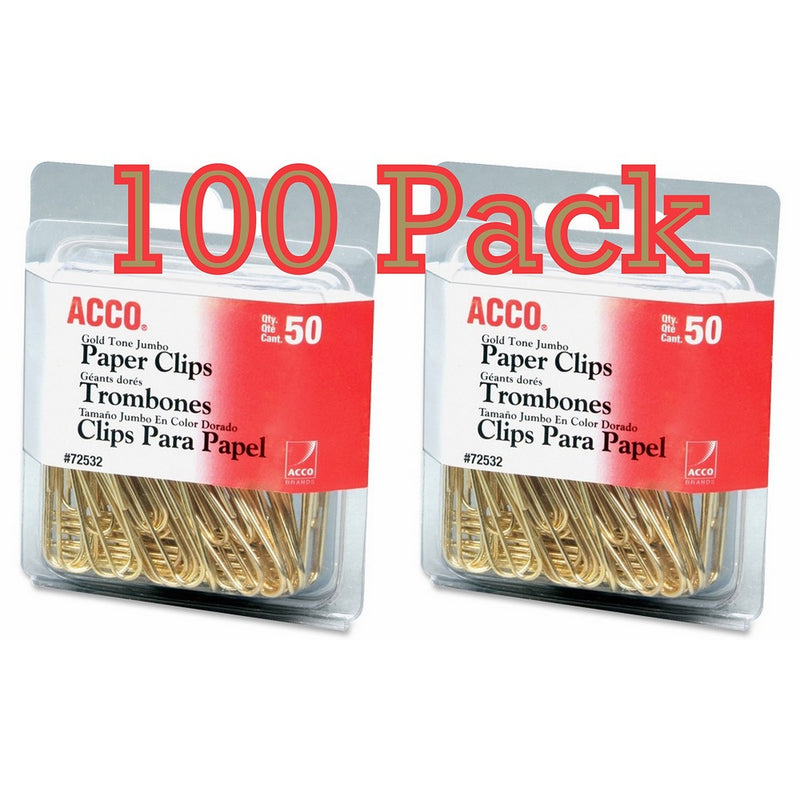 Value Pack of 100 ACCO Gold Tone Jumbo Paper Clips, Smooth Finish, Steel Wire, 20 Sheet Capacity, 2 boxes, 50 Clips per Box (A7072532)
