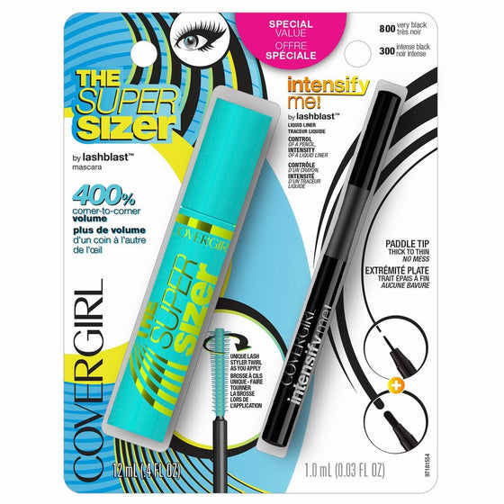 COVERGIRL Super Sizer Mascara Very Black 800 and Intensify Me! Eye Liner Intense Black 300 Special Pack, .448 oz