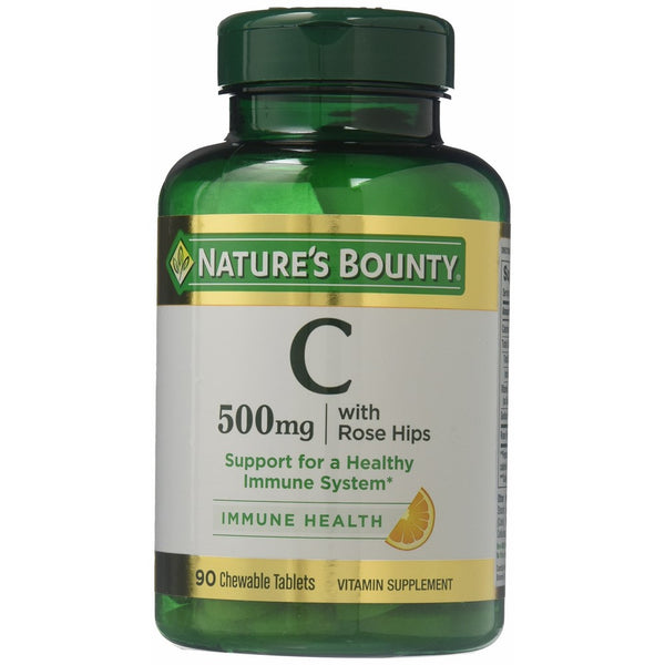 Nature's Bounty Vitamin C with Rose Hips USP, 500mg, 180 Chewable Tablets (2 X 90 Count Bottles)