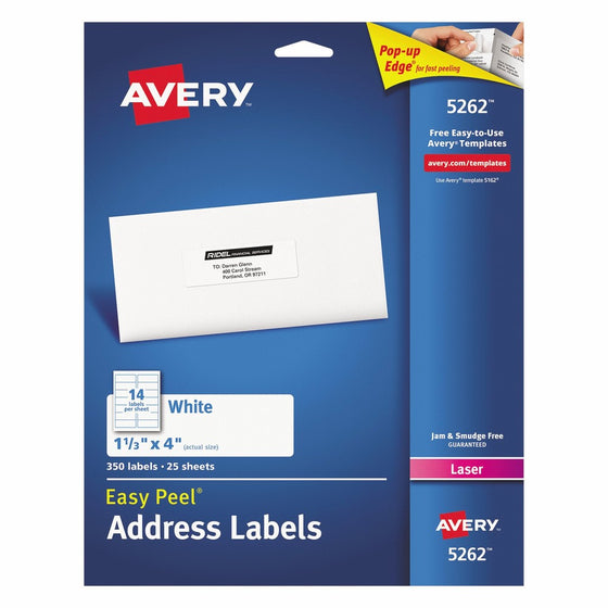 Avery Mailing Address Labels, Laser Printers, 350 Labels, 1-1/3 x 4, Permanent Adhesive (5262)